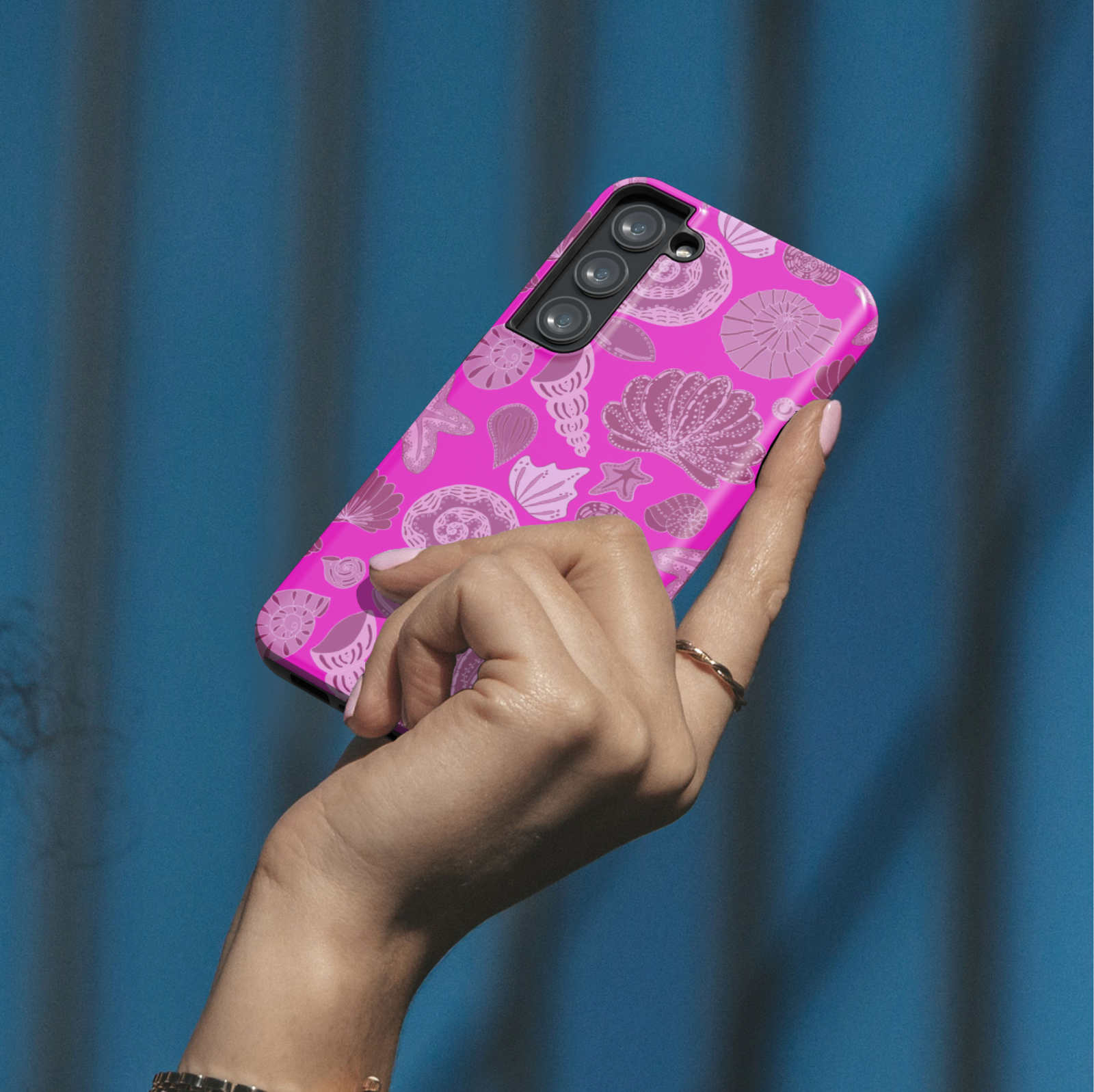 Hot pink Samsung Galaxy S24 Ultra case with lilac seashell and starfish illustrations – beachy aesthetic phone case for Galaxy S25, S24 FE, and more.