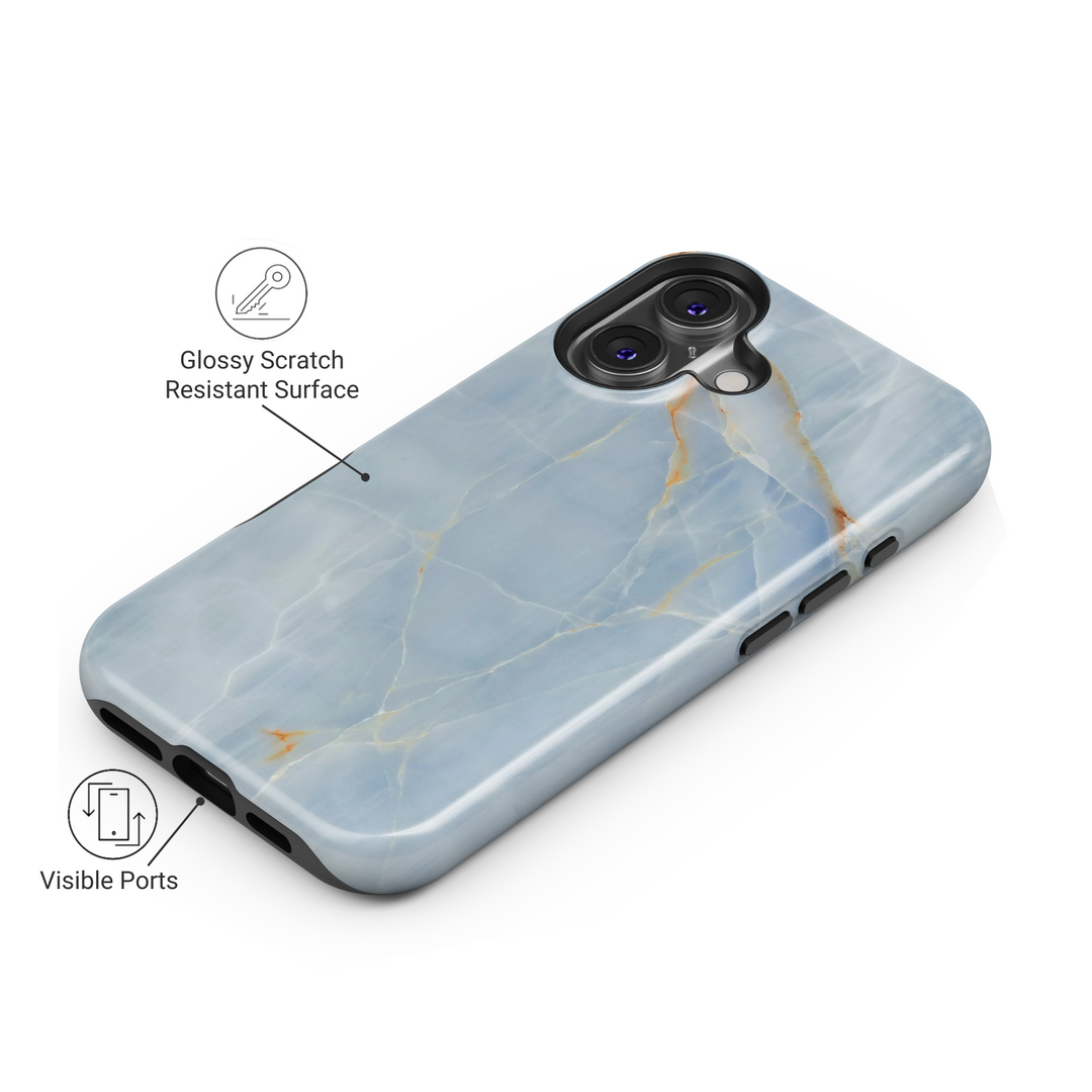 Light blue marble iPhone 16 MagSafe tough phone case, elegant stone design cover for women, luxury protective gift for her