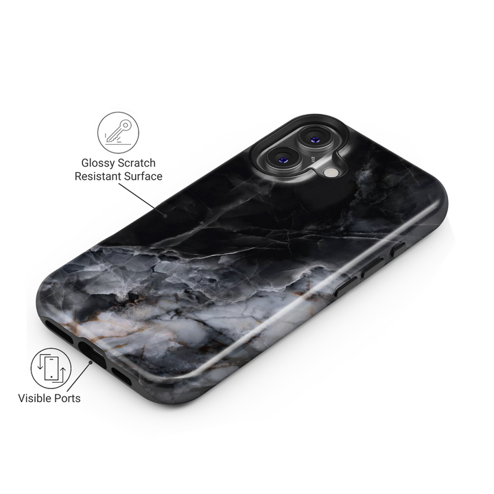 Black marble iPhone 16 MagSafe tough phone case, luxury sleek stone texture case for women, elegant gift for her, durable protective cover