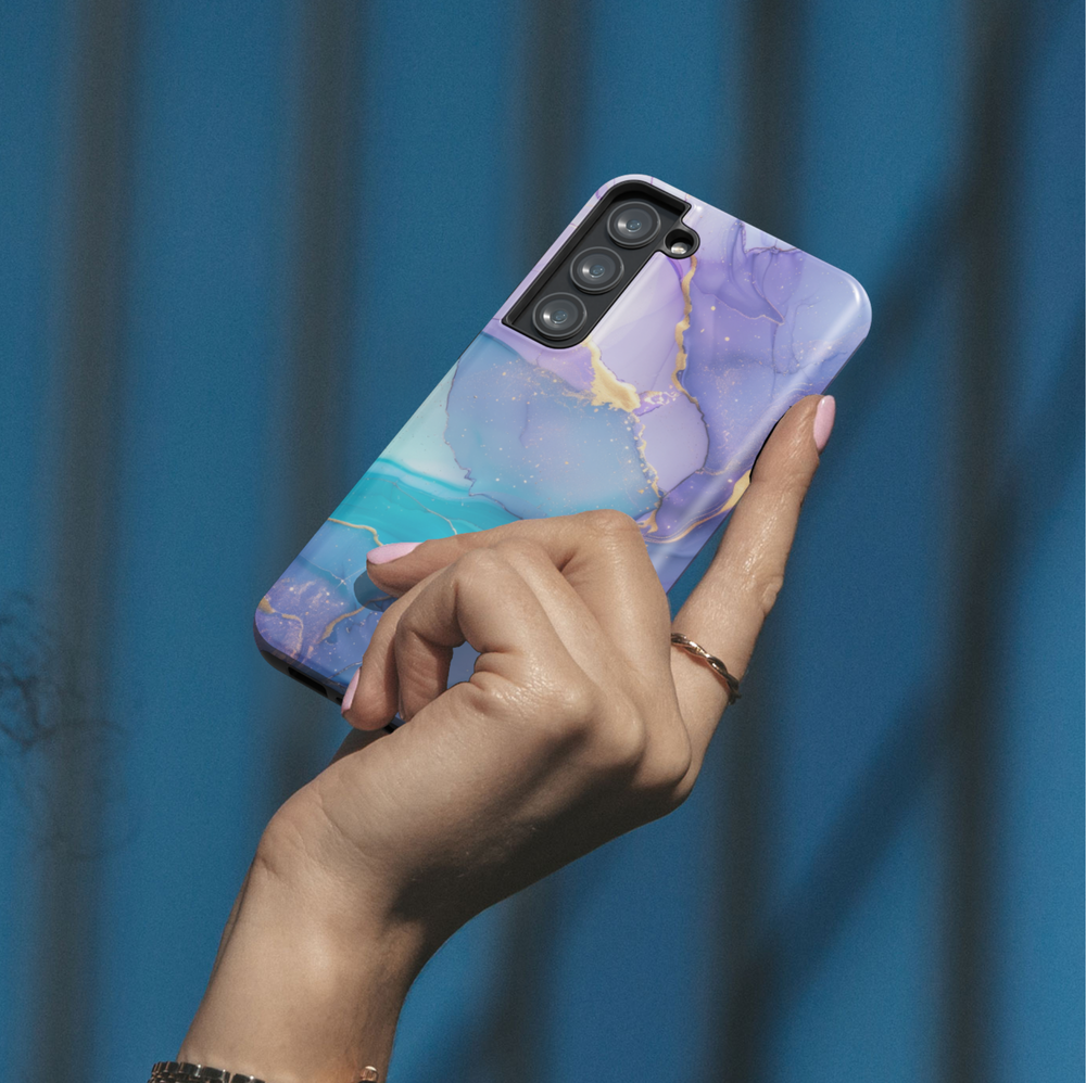 Luxury Samsung Galaxy phone case with mint and blush tones and gold accents on a tough protective case