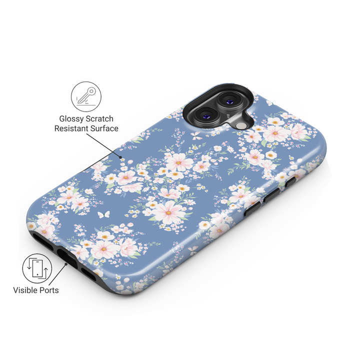 Blue floral iPhone 16 MagSafe tough phone case, pastel spring flower pattern, cute protective case for women, aesthetic gift for her

