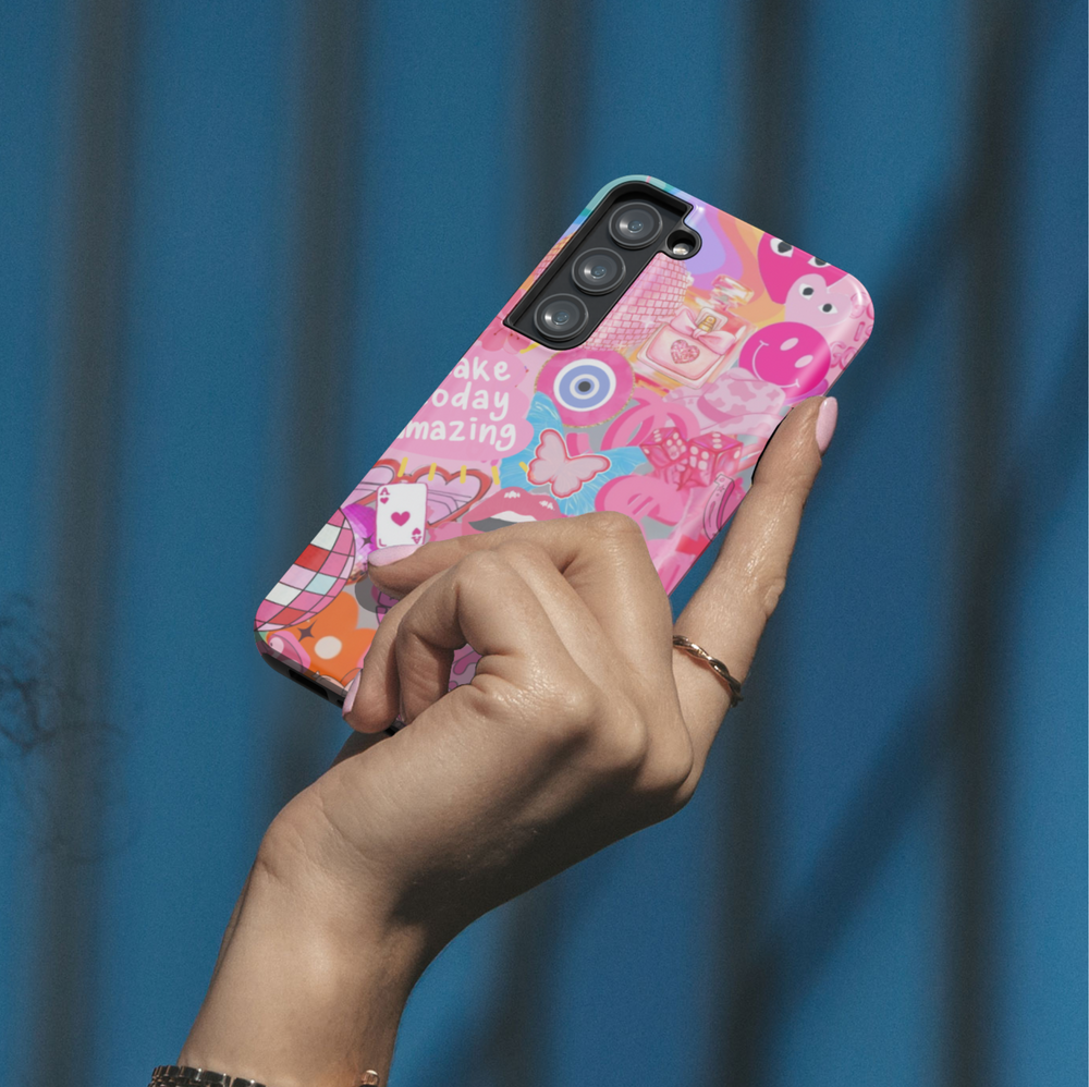 Samsung Galaxy phone case with bold pink sticker collage, including butterflies, lips, smiley faces, and dollar icons. Compatible with Galaxy S24 Ultra, S24 Plus, and S23 FE. Fun and trendy design.