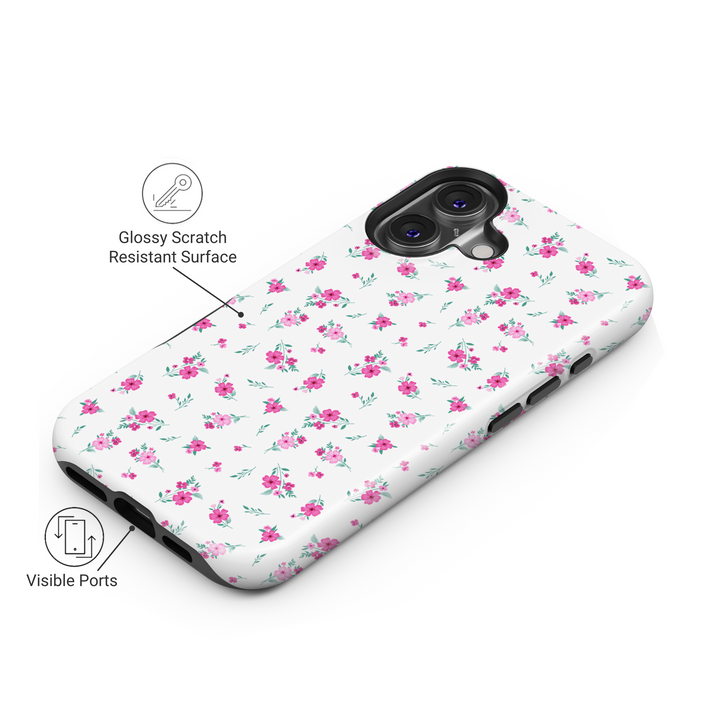 Pink floral iPhone 16 MagSafe tough phone case, soft white background spring flower pattern, cute protective case for women, gift for her

