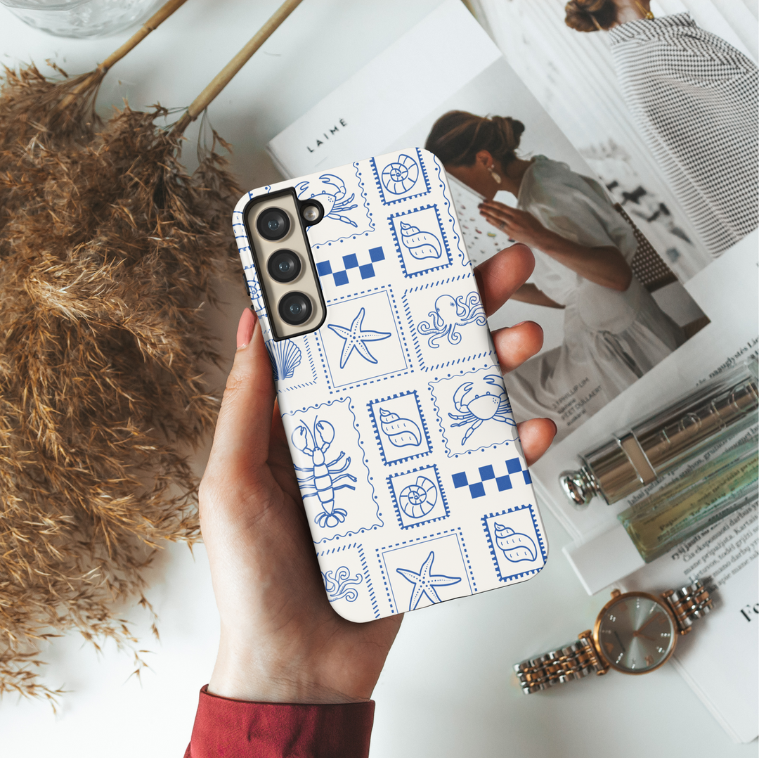 Samsung Galaxy S25 Ultra & S24 FE Tough Case – Blue Sea Creature Patch Print with Starfish, Shells, Lobsters, Octopus & Crabs on Cream