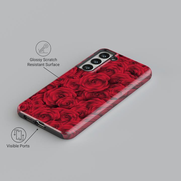 Romantic red rose Samsung Galaxy case with full floral pattern – bold and feminine flower protective phone cover for women