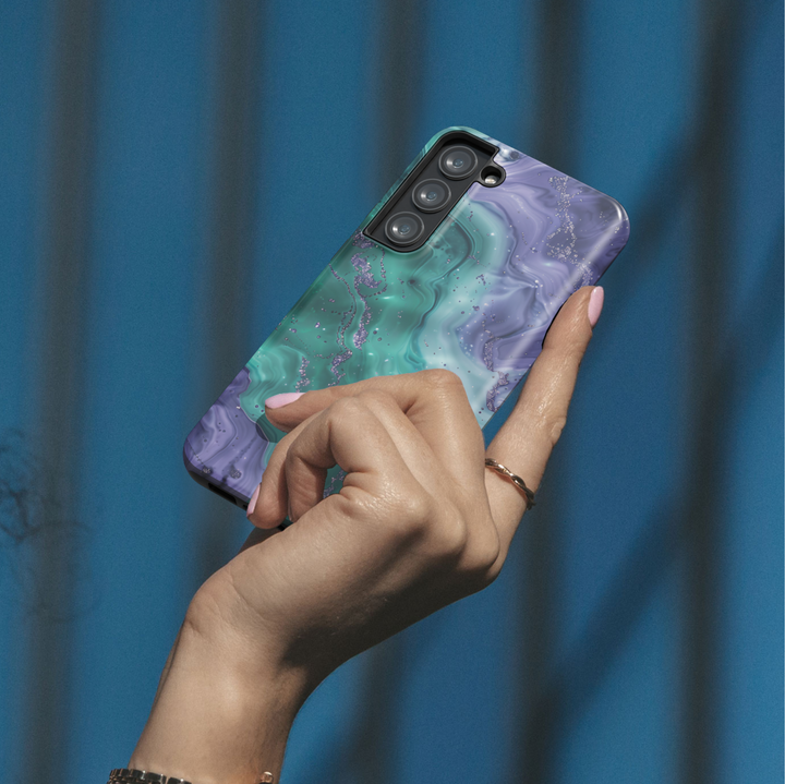 Luxury Samsung Galaxy phone case with mint and blush tones and gold accents on a tough protective case