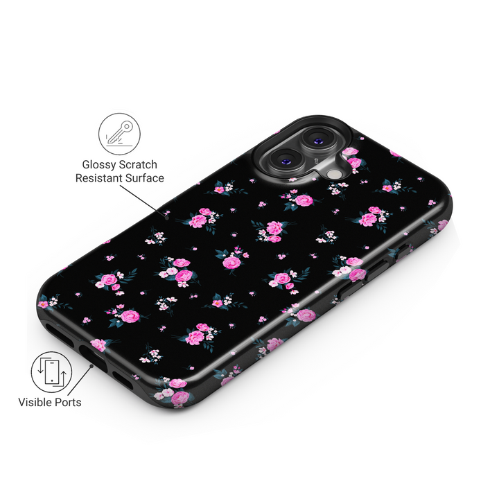 Black background with pink floral iPhone 16 MagSafe tough case, elegant spring flower phone case for women, protective gift for her