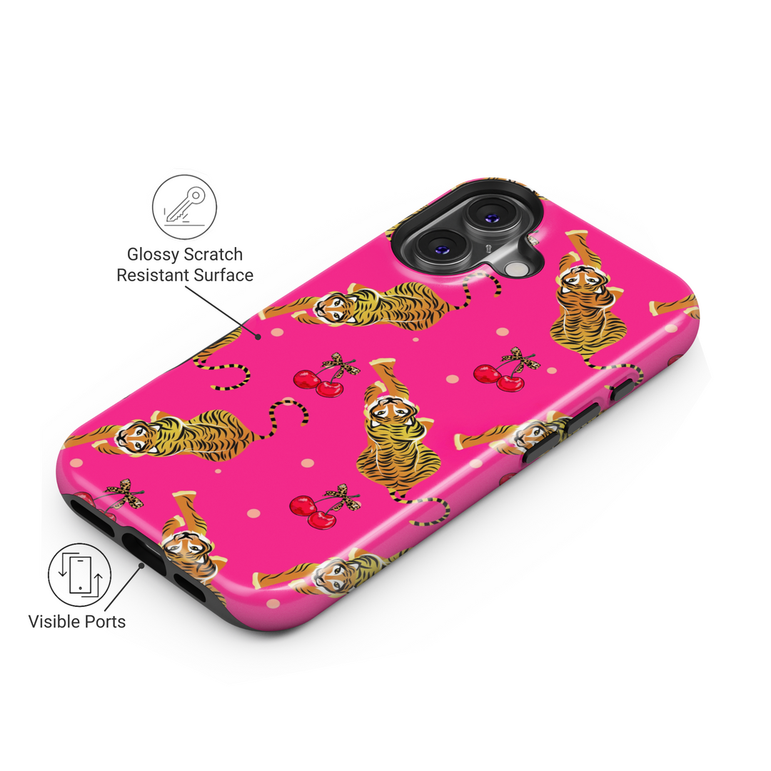 Pink tiger and cherry pattern iPhone 16 MagSafe tough case, cute protective phone case for women, bold spring summer design, gift for her

