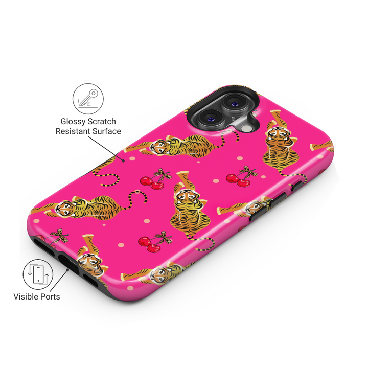 Pink tiger and cherry pattern iPhone 16 MagSafe tough case, cute protective phone case for women, bold spring summer design, gift for her

