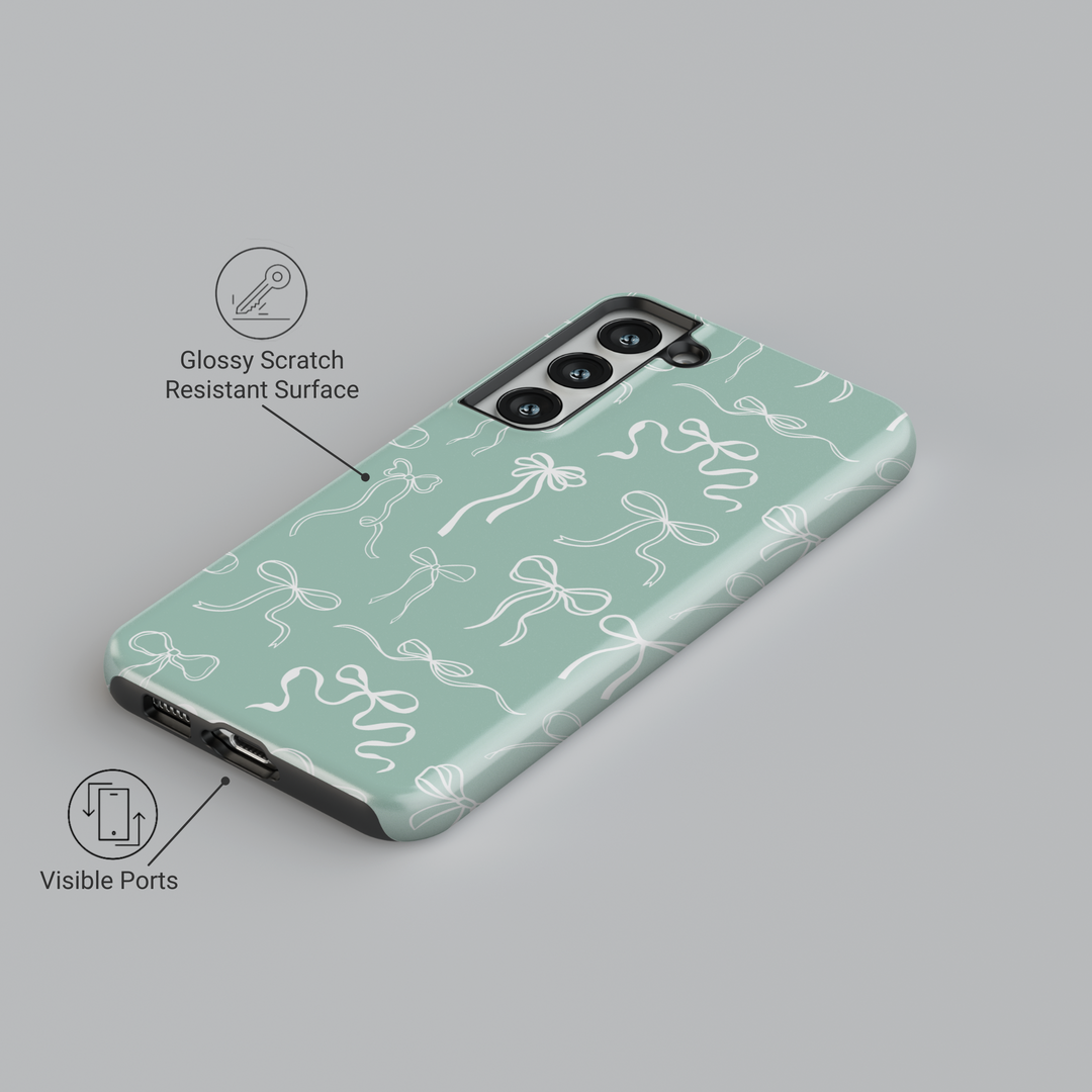 Mint green Samsung Galaxy case with white ribbon bow pattern – soft coquette aesthetic girly protective phone cover for women