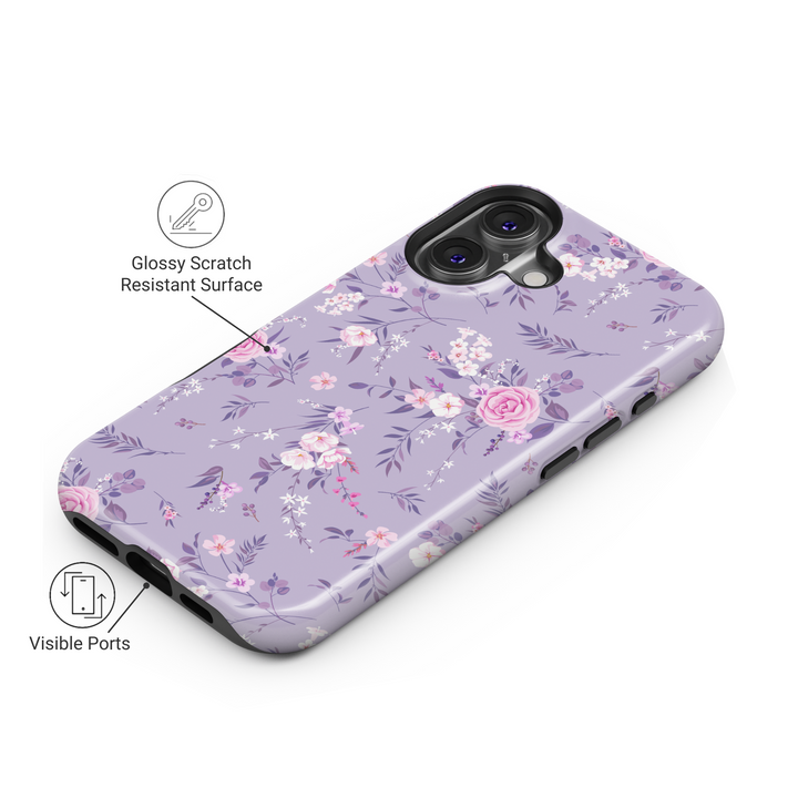 Lavender floral iPhone 16 MagSafe tough case, purple flower phone case for women, spring botanical gift for her, elegant iPhone cover

