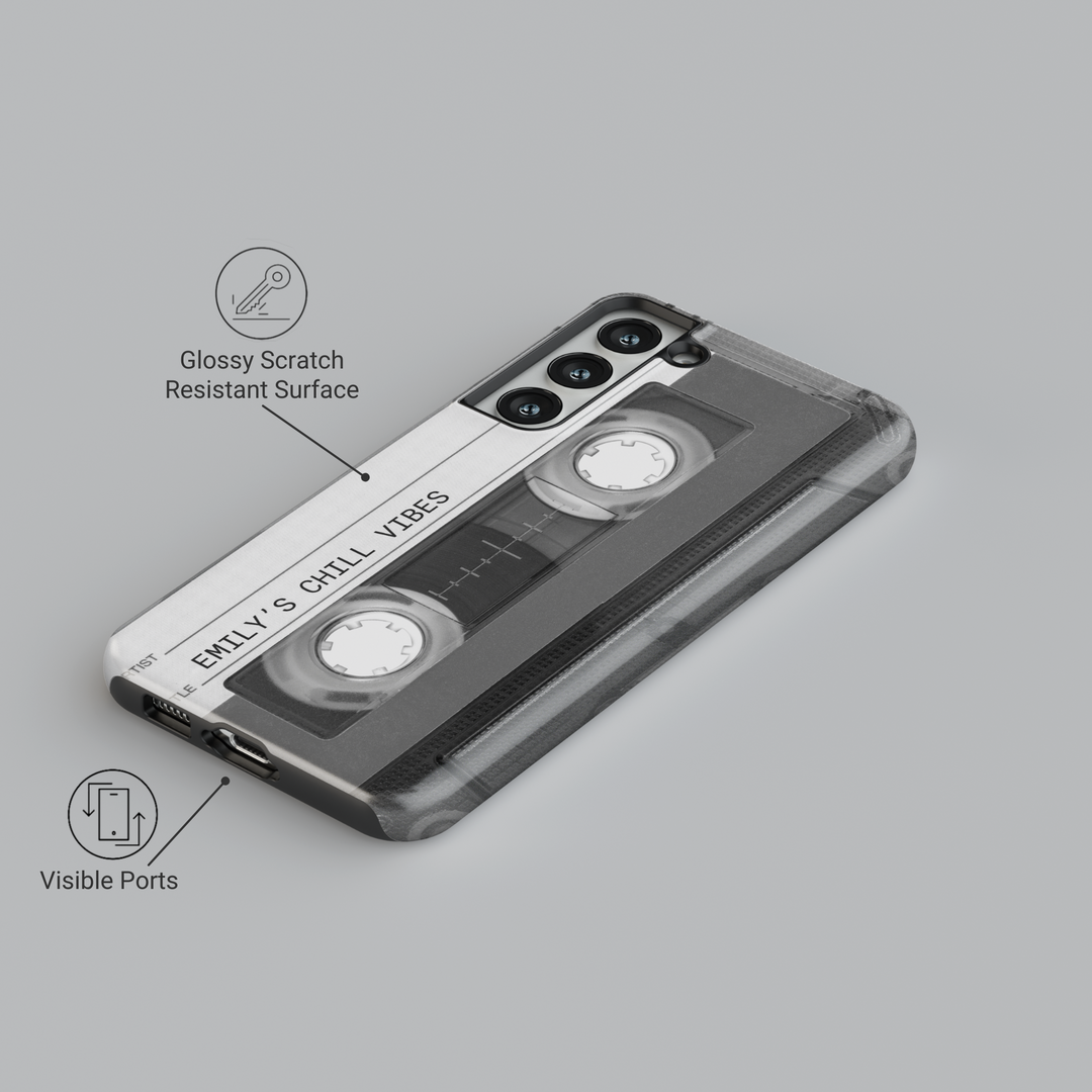 Black and white retro cassette Galaxy case with 'Emily's Chill Vibes' text – custom vintage mixtape phone cover
