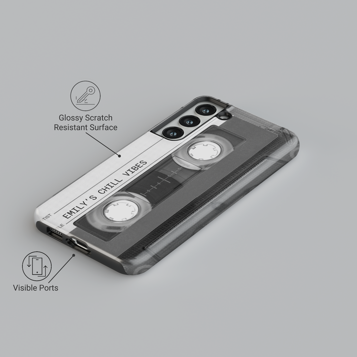 Black and white retro cassette Galaxy case with 'Emily's Chill Vibes' text – custom vintage mixtape phone cover