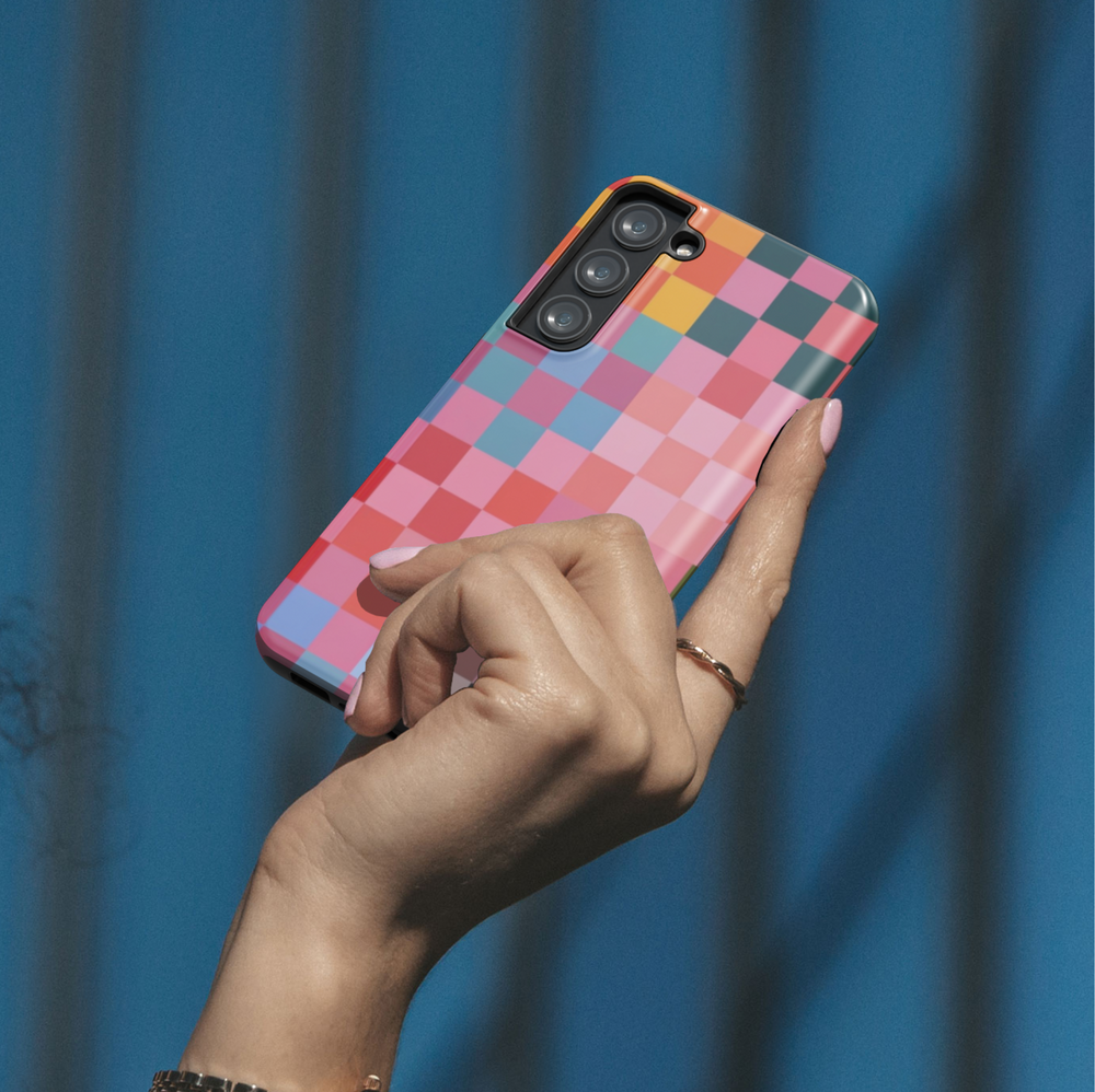 Samsung Galaxy phone case with multicolor pixel-style checkerboard design. Fits Galaxy S24 Ultra, S24 Plus, and S23 FE. Trendy and bold aesthetic.