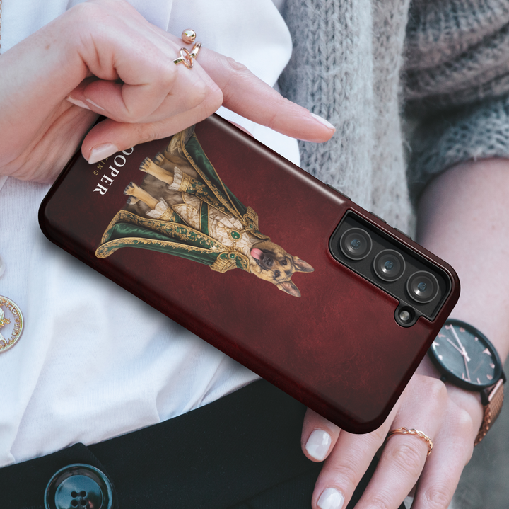 Custom royal pet phone case featuring personalized dog and cat portraits transformed into king and queen artwork on premium protective phone cases with navy, burgundy, and emerald backgrounds.