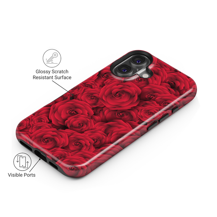 Elegant red rose floral iPhone 16 MagSafe tough case, romantic flower phone case for women, gift for her, durable Valentine's iPhone cover