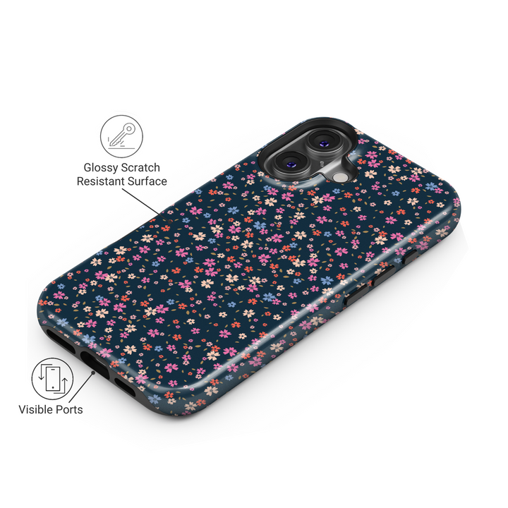 Dark navy floral iPhone 16 MagSafe tough case with colorful tiny spring flowers, phone case for women, durable gift for her, elegant protective cover