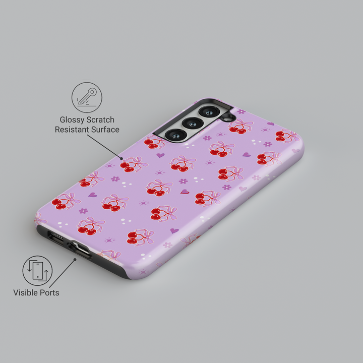 Coquette Purple Samsung Galaxy case with red cherries, heart bows, and floral accents – cute girly aesthetic protective phone cover