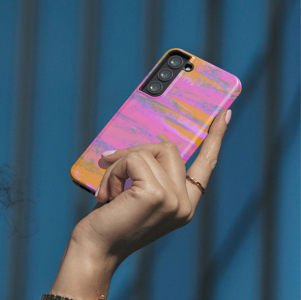 Galaxy S24 Ultra summer beach phone case with pink and orange abstract brushstroke pattern – trendy coastal protective case for women, also fits Galaxy S25 and S24 FE.