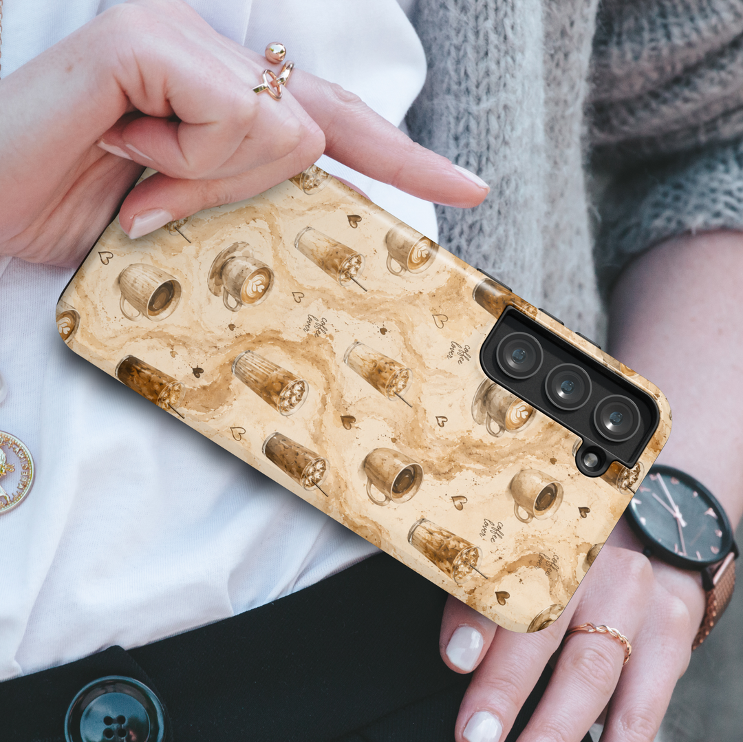 coffee Samsung Galaxy S26 Ultra phone case with personalized drink order, coffee beans, vintage cafe notes, and neutral coffee artwork.