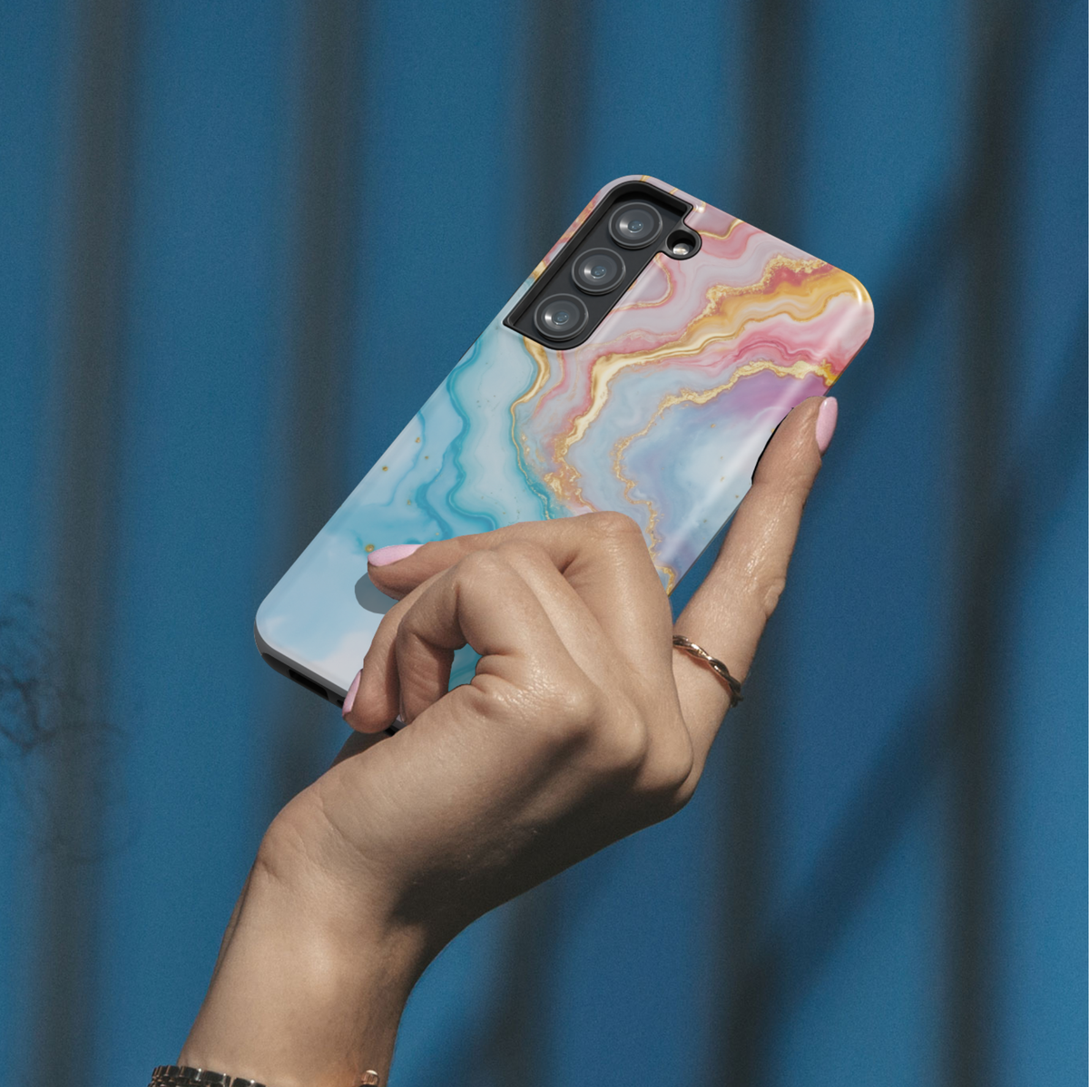 Personalized blue and gold marble Galaxy phone tough case with custom name and glossy abstract swirl design