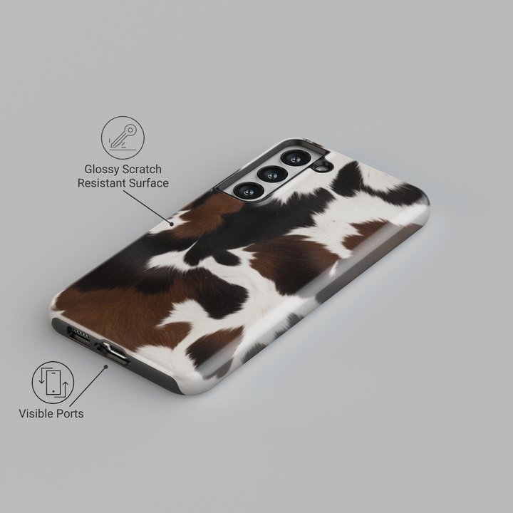 Brown and white cow print Samsung Galaxy phone case – realistic furry pattern western aesthetic protective cover for women