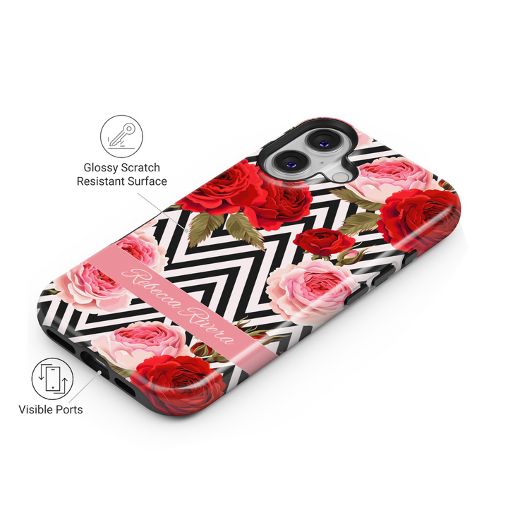 Custom floral phone case with red and pink roses, chevron pattern tough iPhone and Samsung case with personalized name, bold spring cover