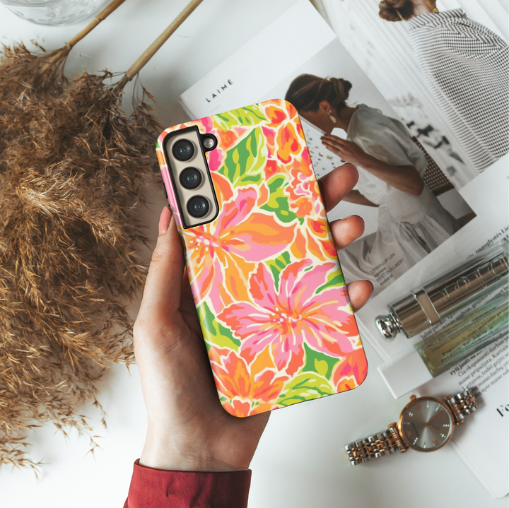 Samsung Galaxy case with bold pink, orange, and green tropical floral print – girly tough phone case

