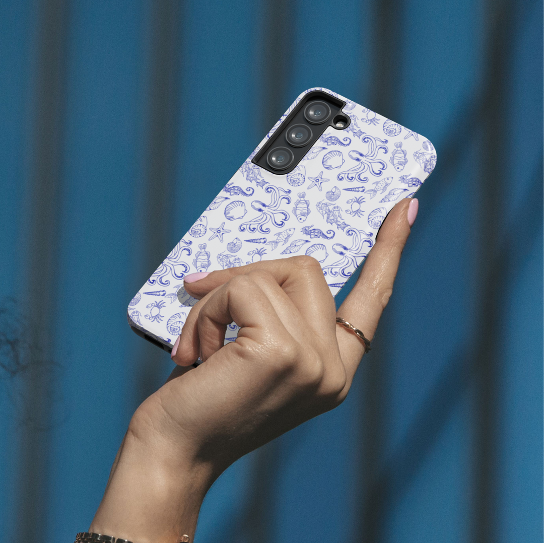 Samsung Galaxy S25 Ultra Tough Case with Blue Sketch Style Ocean Pattern – Featuring Octopus, Fish, Starfish, and Shells on White Background
