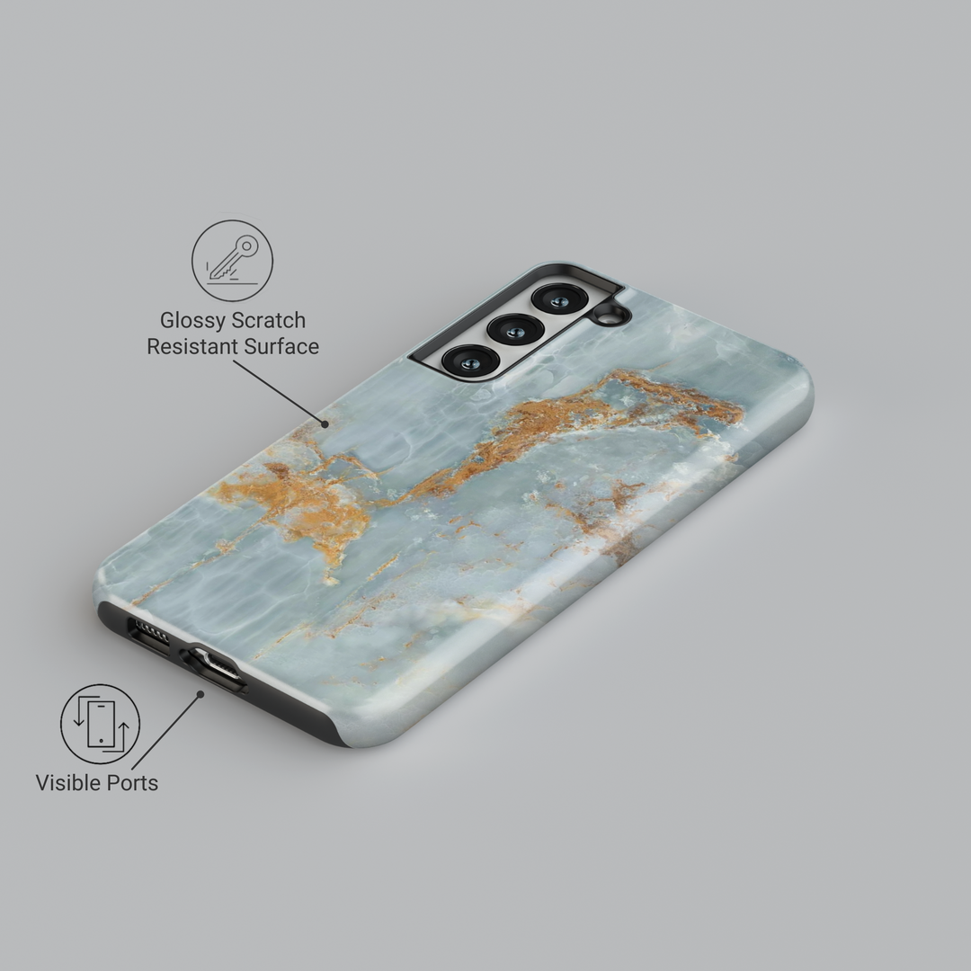 Elegant marble Samsung Galaxy case in teal, aqua, and gold – crystal-inspired feminine design for women, protective glossy cover