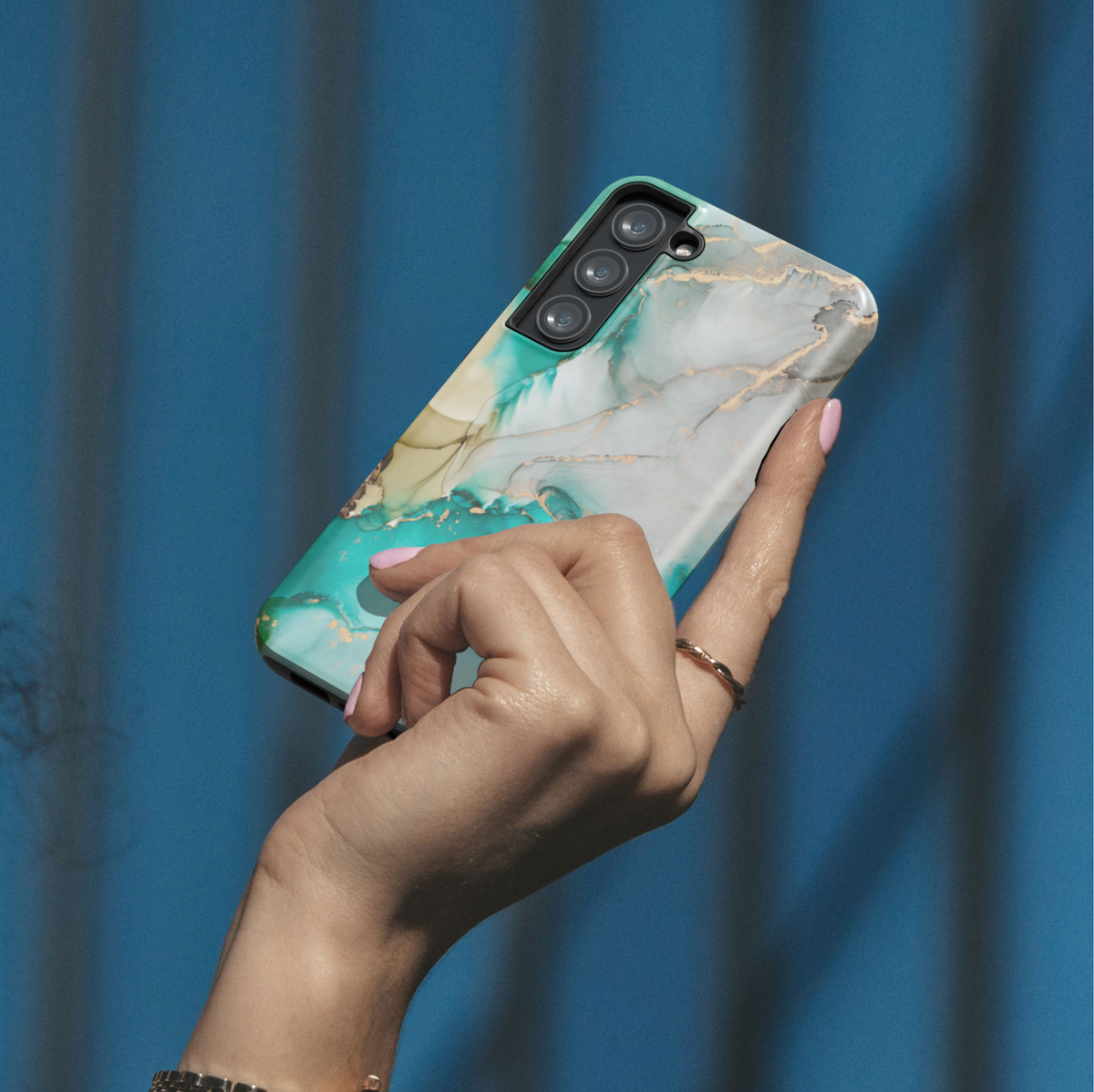 Personalized blue and gold marble Galaxy phone tough case with custom name and glossy abstract swirl design