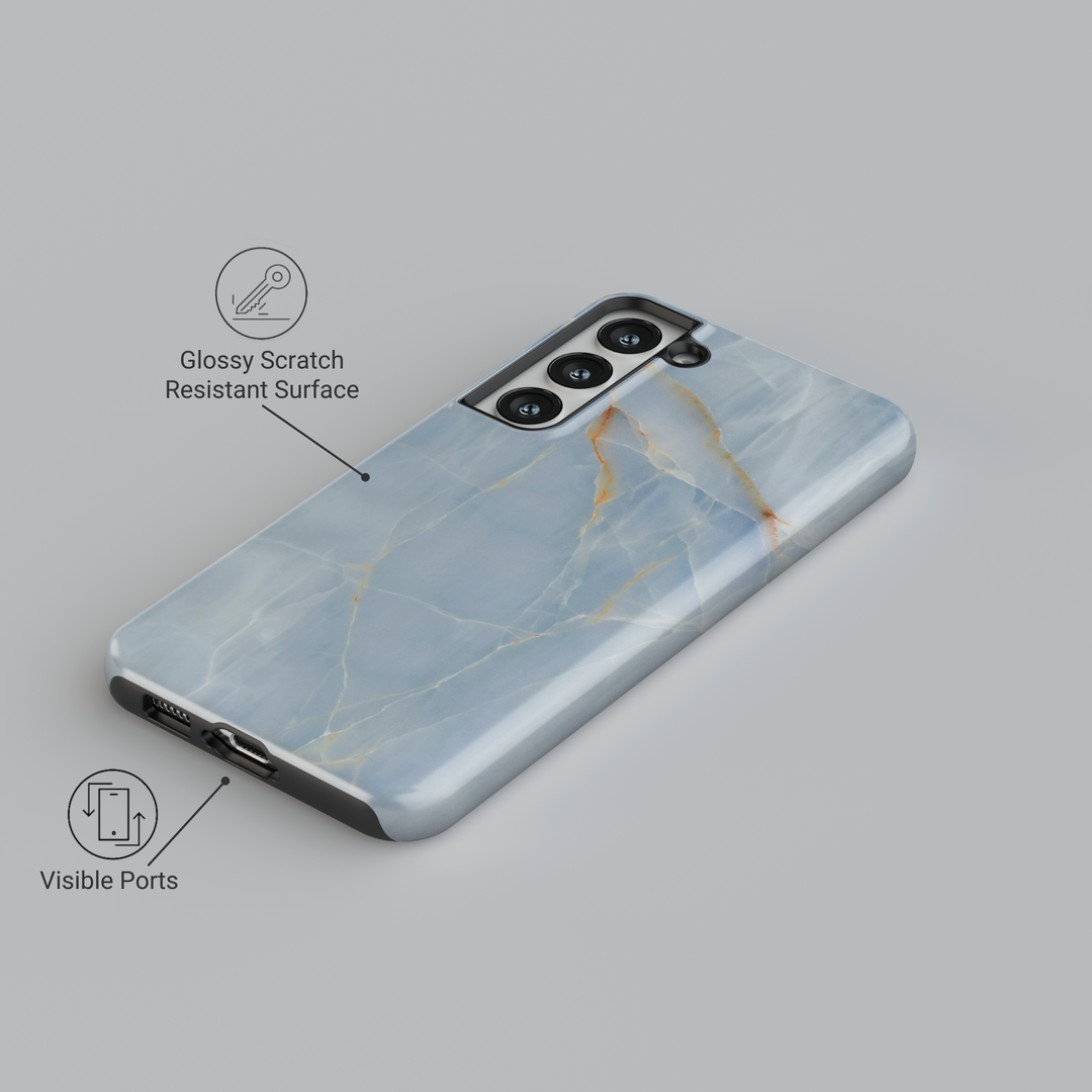 Minimal light blue marble Samsung Galaxy case with gold crack detail – elegant glossy protective phone cover for women