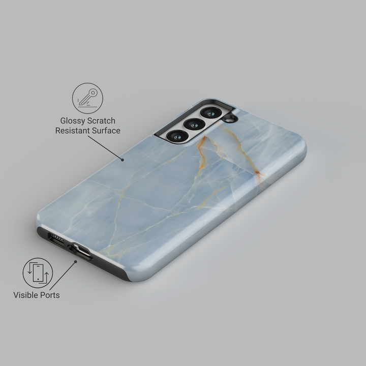 Minimal light blue marble Samsung Galaxy case with gold crack detail – elegant glossy protective phone cover for women