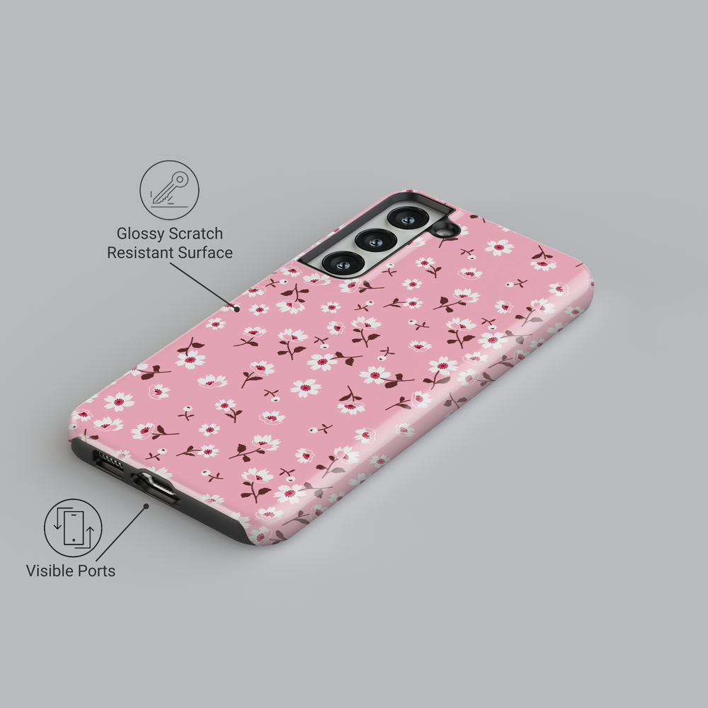 Pink floral Galaxy phone case with small white flowers and red accents – cute girly phone case