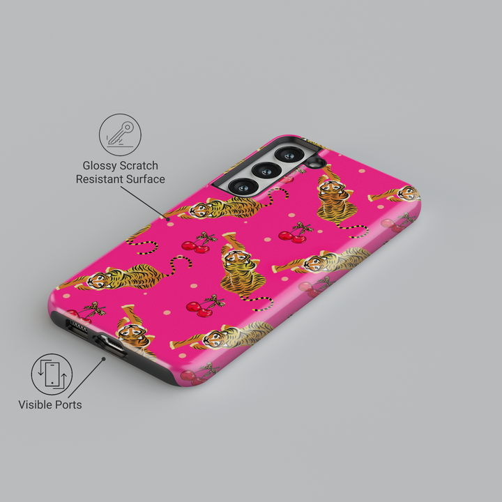 Hot pink Galaxy case with playful tiger and cherry pattern, featuring leopard print bows – bold and fun Samsung phone cover