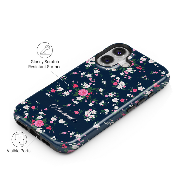 Custom navy floral phone case with small pink and white flowers, personalized name iPhone Samsung cover, spring botanical tough case