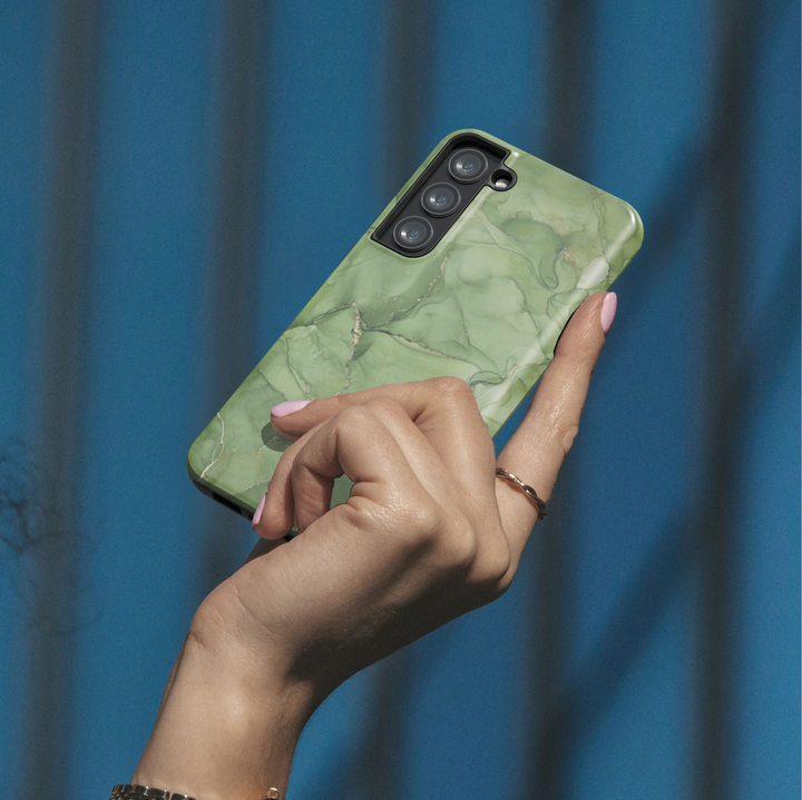 Sage green marble phone case with soft gold veining and personalized name