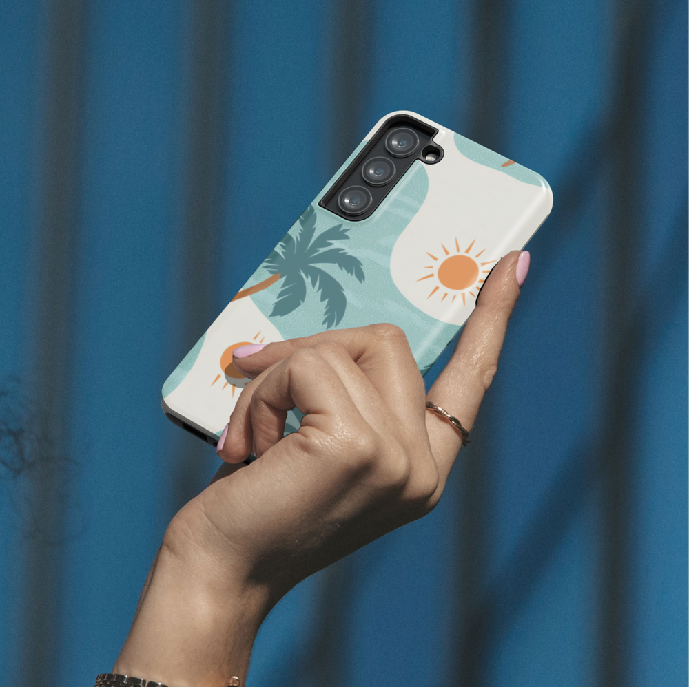 Retro palm tree and sun Samsung Galaxy S24 Ultra case in teal and orange summer tones for women