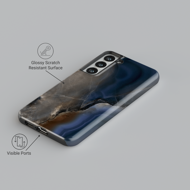 Elegant Samsung Galaxy case with blue marble swirl design – moody and artistic stone-inspired protective phone cover for women