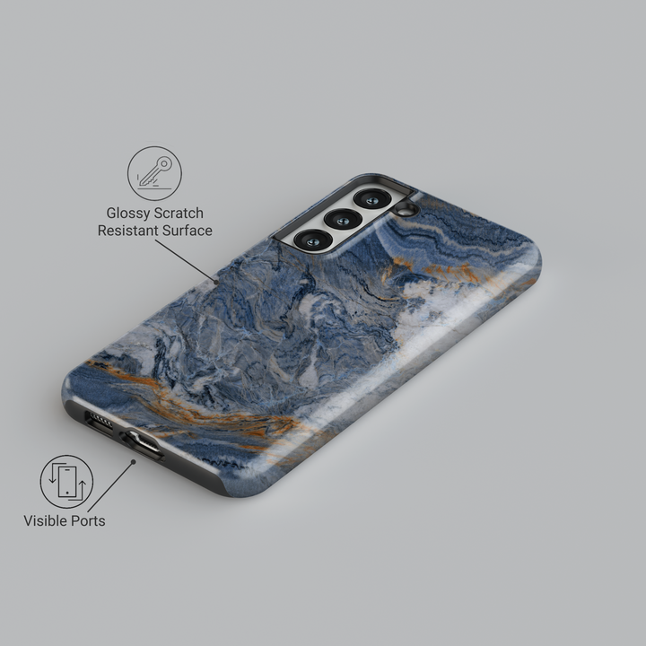 Elegant Samsung Galaxy case with blue marble swirl design – moody and artistic stone-inspired protective phone cover for women