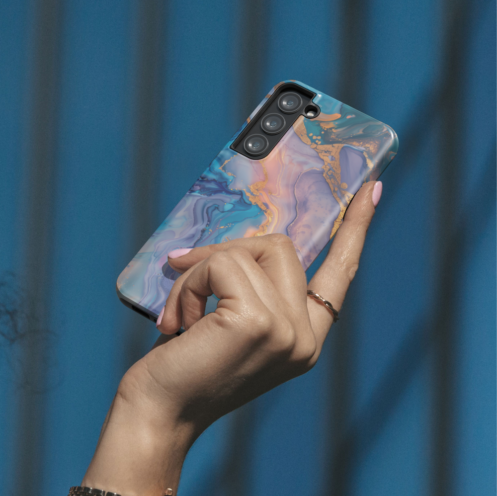 Personalized blue and gold marble Galaxy phone tough case with custom name and glossy abstract swirl design