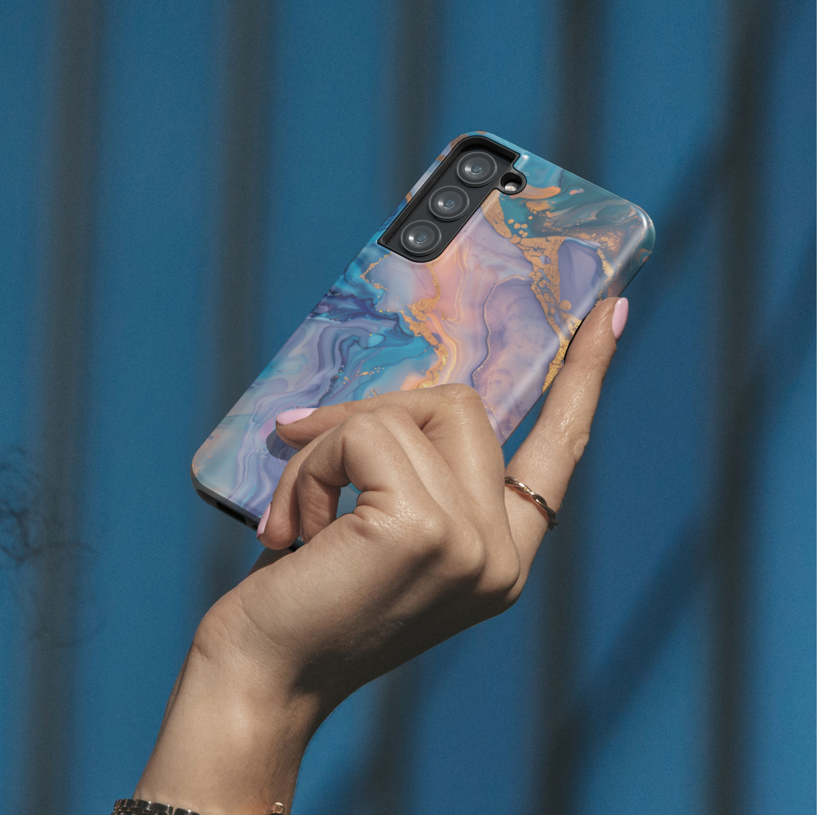 Personalized blue and gold marble Galaxy phone tough case with custom name and glossy abstract swirl design
