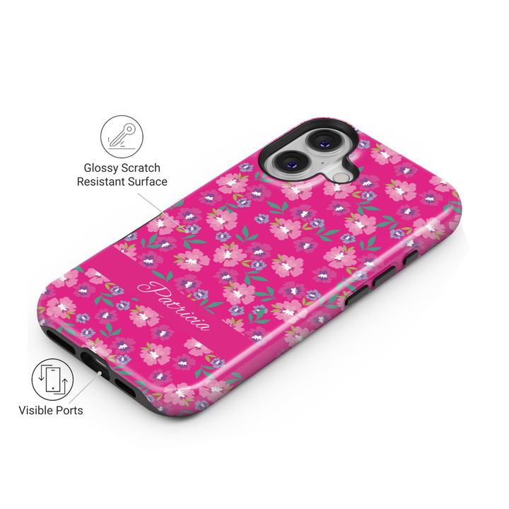 Bright pink personalized floral phone case with custom name, small flower pattern iPhone Samsung cover, girly spring tough case design