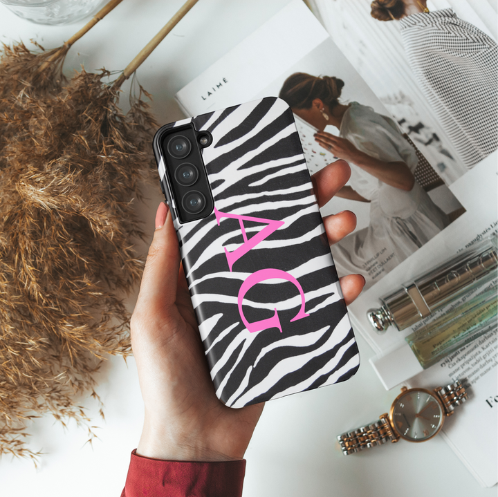 Zebra Print Samsung Galaxy Case with Pink Monogram Initials – Custom Protective Case for Galaxy S25 Ultra, S24 FE, S23 Ultra

