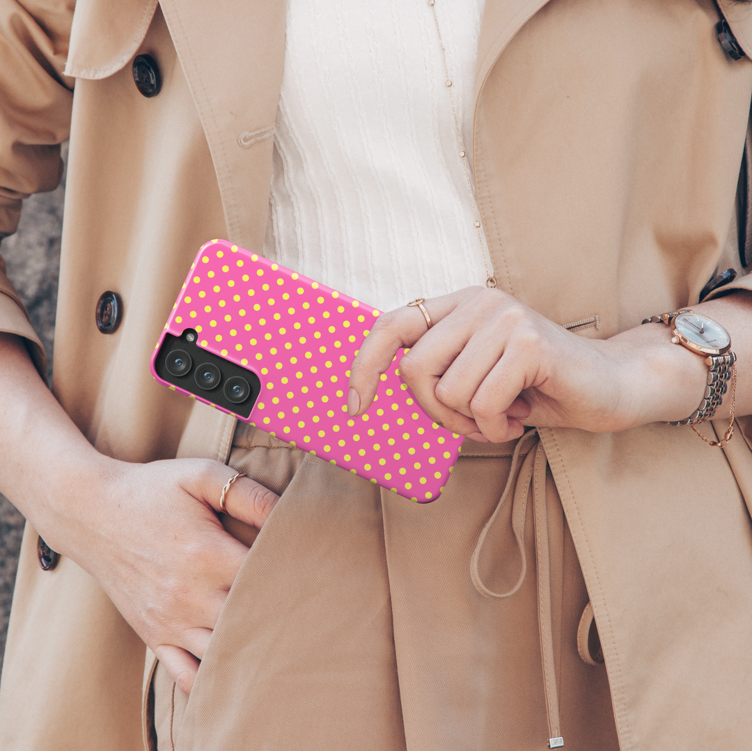 Pink Samsung Galaxy case with yellow polka dots – cute and colorful tough phone cover for Galaxy S24, S23, and more
