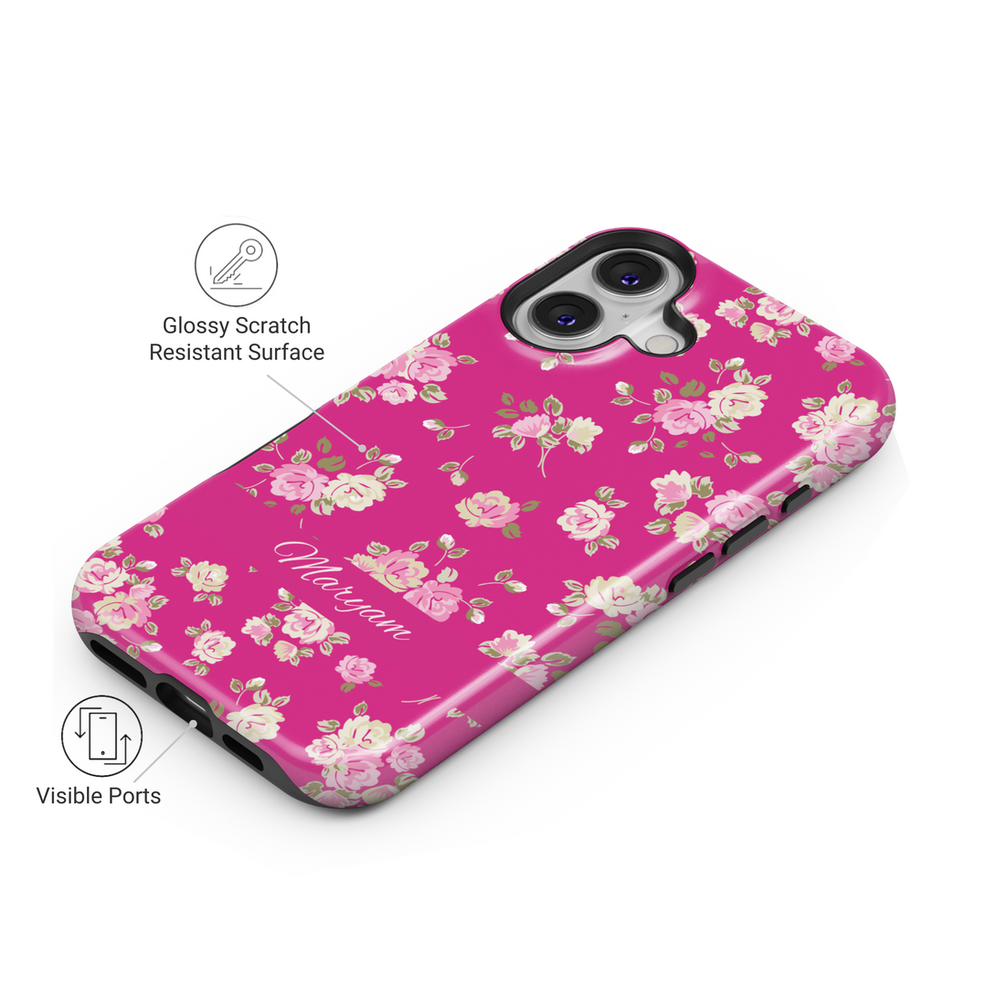 Bright pink floral phone case with custom name, spring flower pattern iPhone Samsung cover, girly tough phone case with rose print design