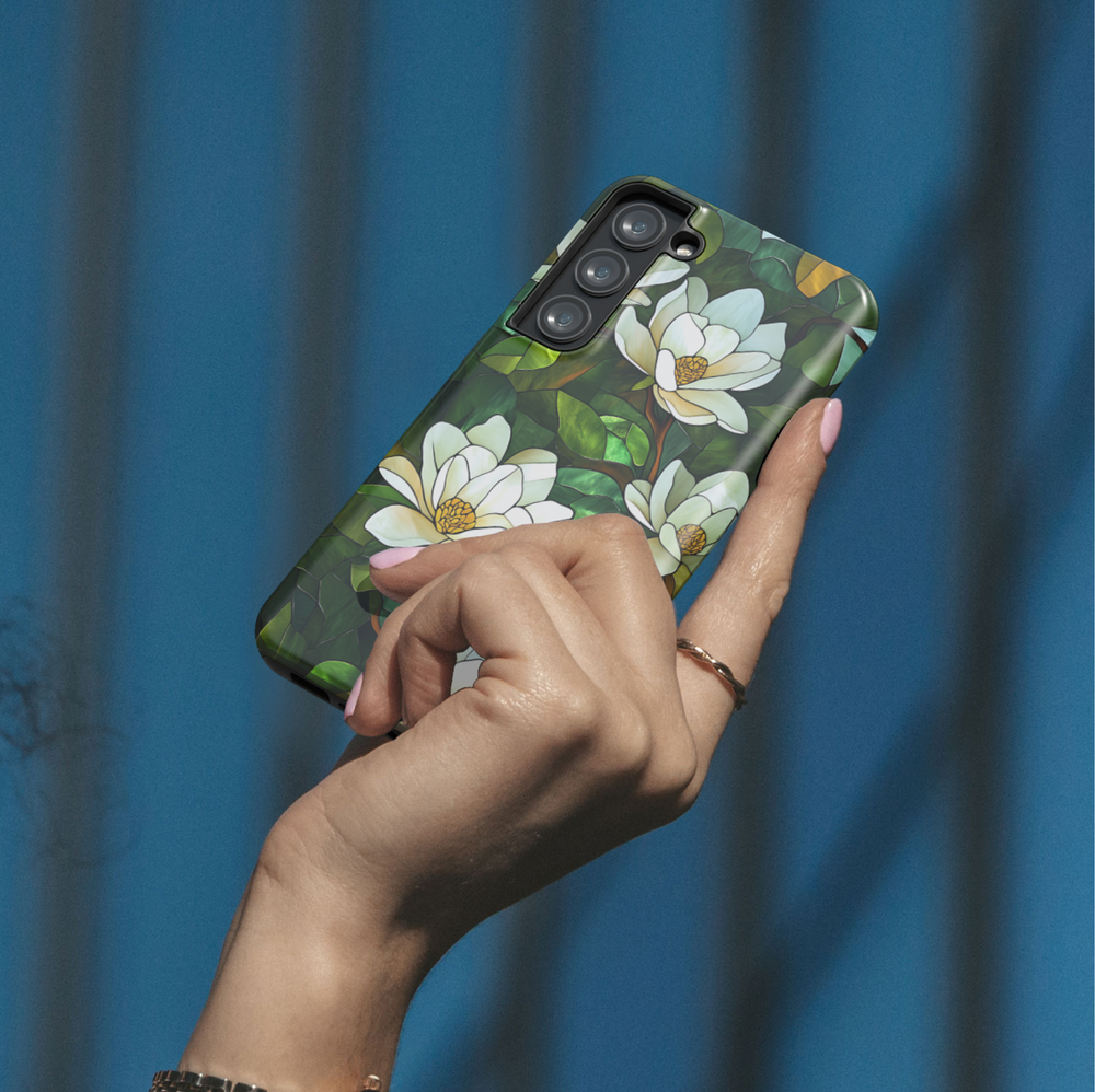 Green magnolia floral phone case with white flowers and stained glass style design