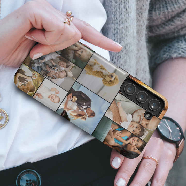 Custom photo phone case for Samsung Galaxy featuring a personalized family picture with elegant full-photo printing. Protective Tough Case with glossy finish, custom design, personalized gift for family, couples, parents, baby photos, anniversaries, birthdays, Mother's Day, Father's Day, and Christmas.