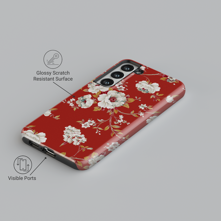Red floral Samsung Galaxy case with vintage ivory flowers and golden leaves – elegant girly phone cover