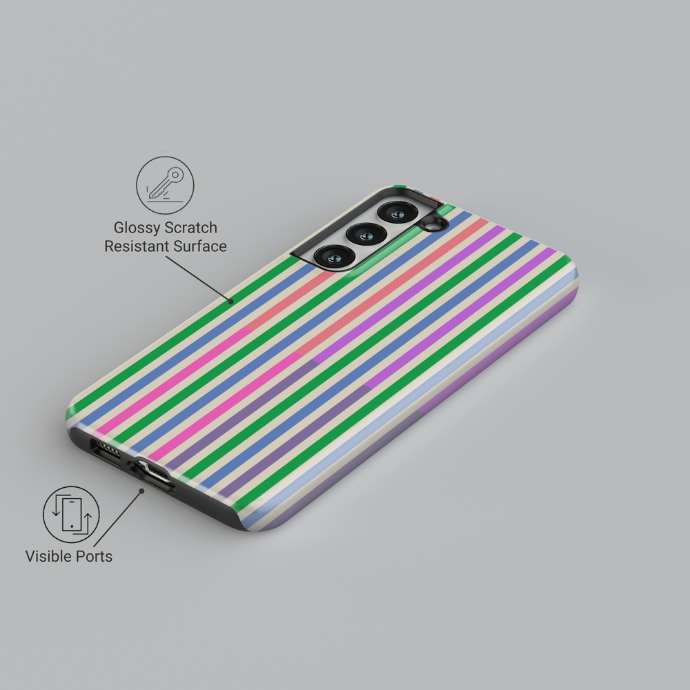 Colorful vertical striped Samsung Galaxy case with green, pink, purple, and blue lines. Compatible with Galaxy S24 Ultra, S24 Plus, and S23 FE. Fun and modern design.